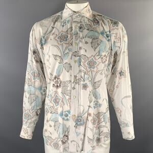 ETRO Size XL White Blue Brown Floral Long Sleeve Shirt